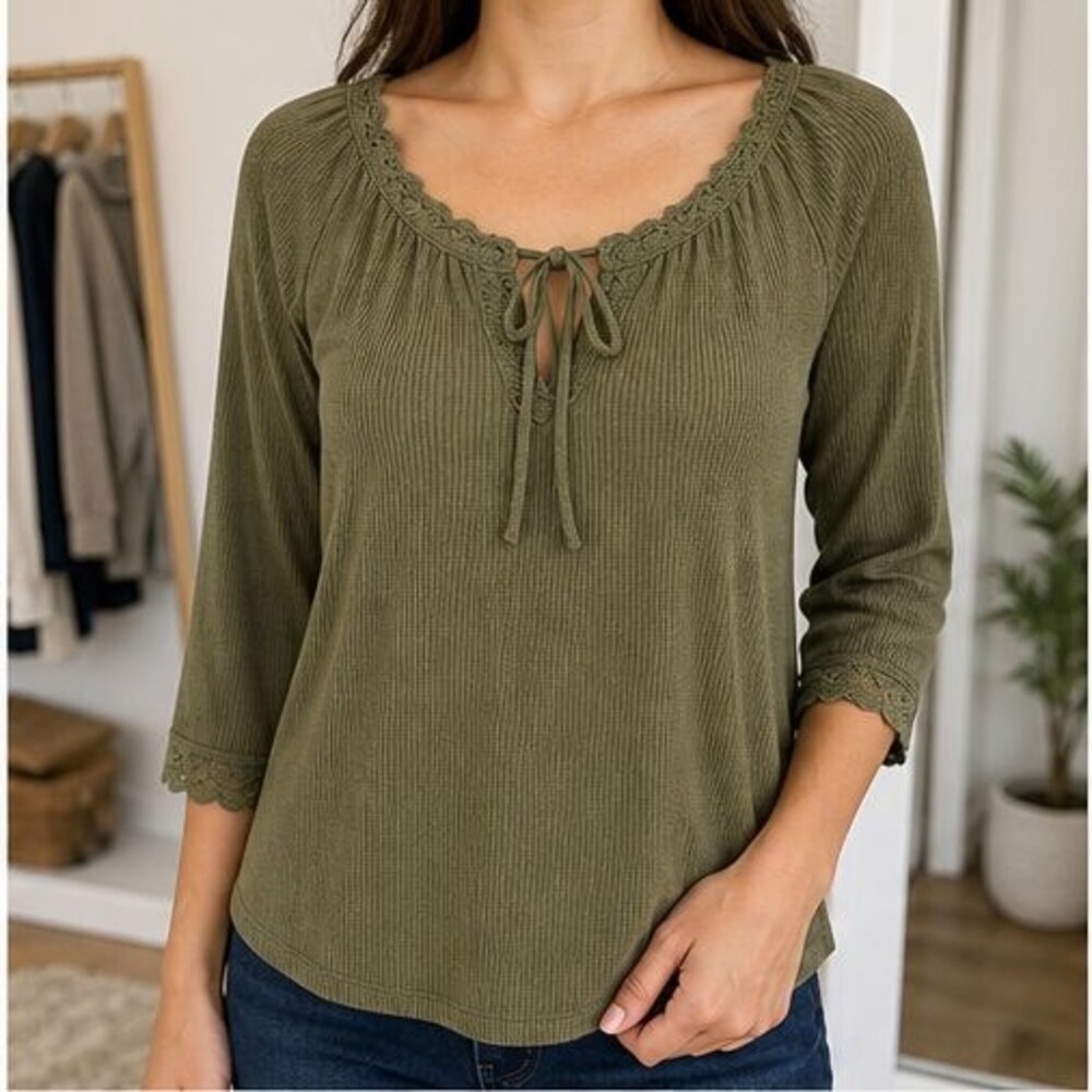 Olive Lace Trim Top - Picture 2 of 6